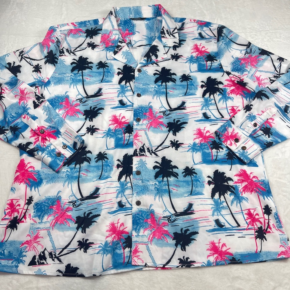Coofandy Mens XXXL Tropical Palm Tree Print Button Down Shirt Blue Pink White